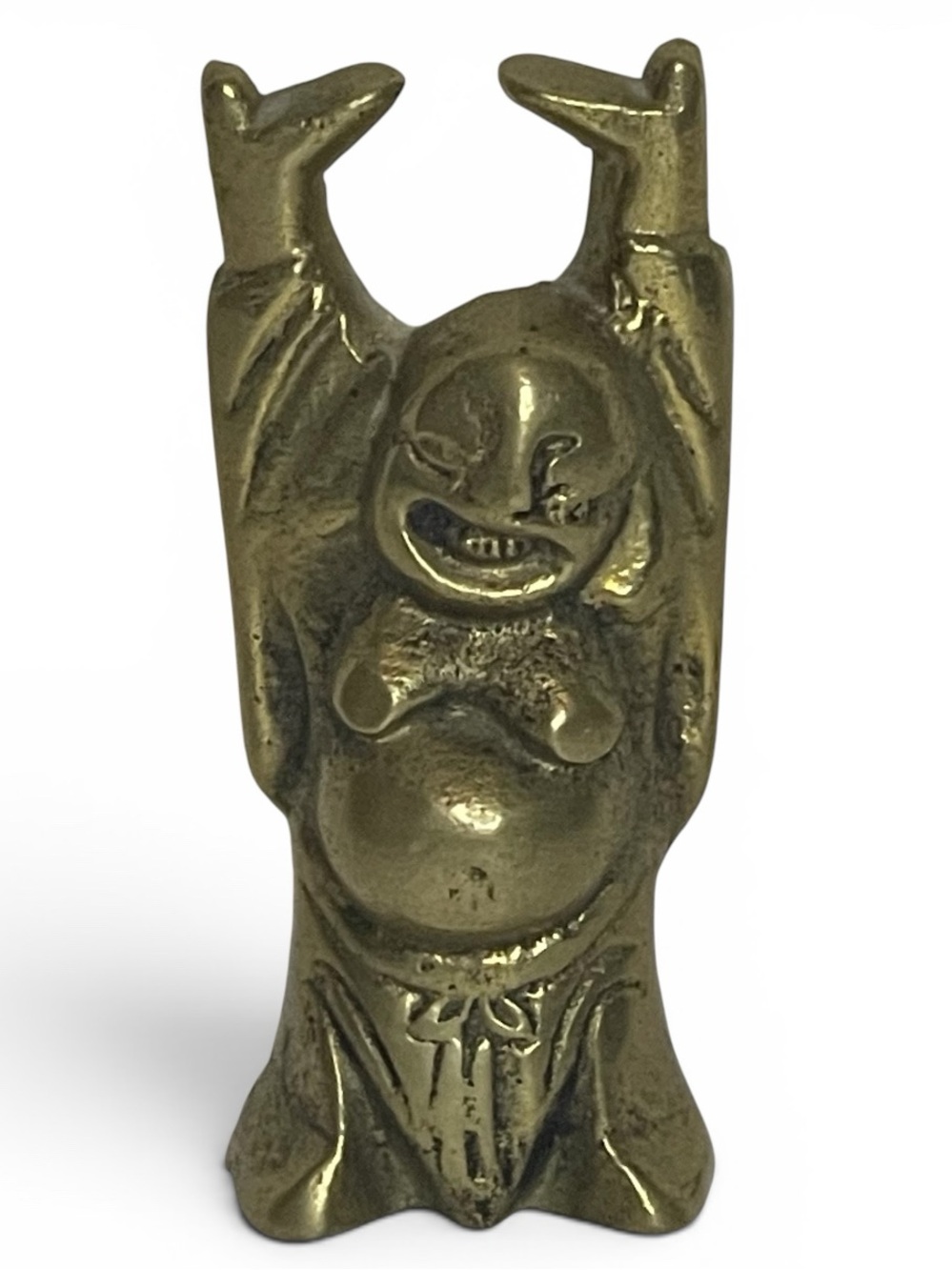 VTG Solid Brass Laughing Buddha Figure Patina Hotei Arms Raised Wealth Health
